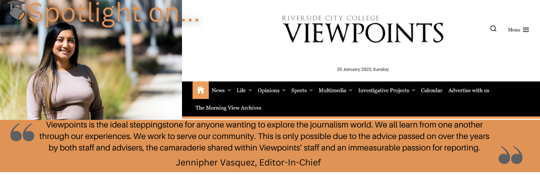 Photo of female and the homepage of Viewpoints newspapers with quote