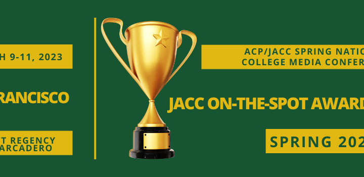 Green banner that reads JACC On-the-Spot Award Winners with a trophy
