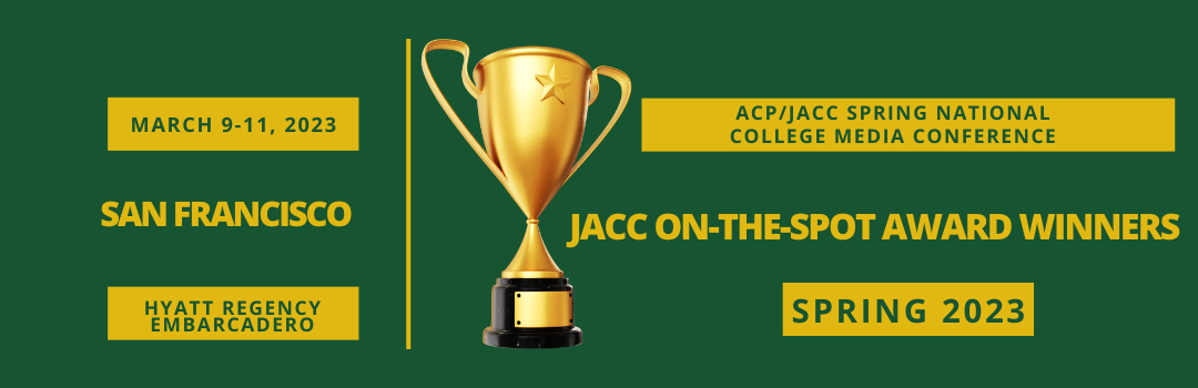 Green banner that reads JACC On-the-Spot Award Winners with a trophy