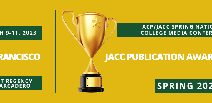 Banner that reads JACC Publication Awards Spring 2023 with trophy
